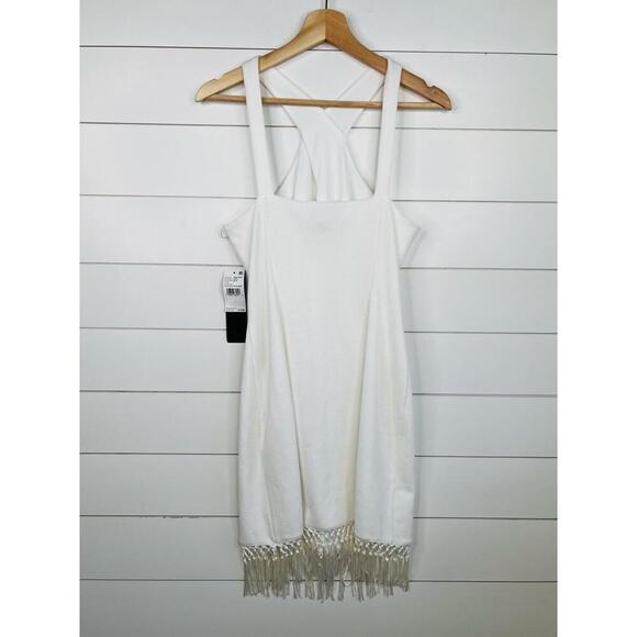 Adrianna Papell White Sleeveless Halter Neck Fringe Trim Dress Bodycon Size US 8 - Picture 3 of 13